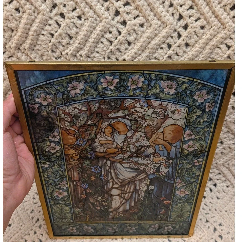 Vintage Tiffany Style Stained Glass Madonna of the Flowers Suncatcher Framed Art